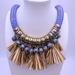Holst Lee Statement Blue Gold Raffia Tassel Necklace Floral Beads Magnetic Clasp